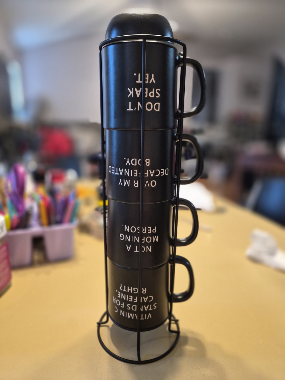 Stackable Black Ceramic Coffee Mug Set with Rack - Humorous White Text - Picture 2 of 7